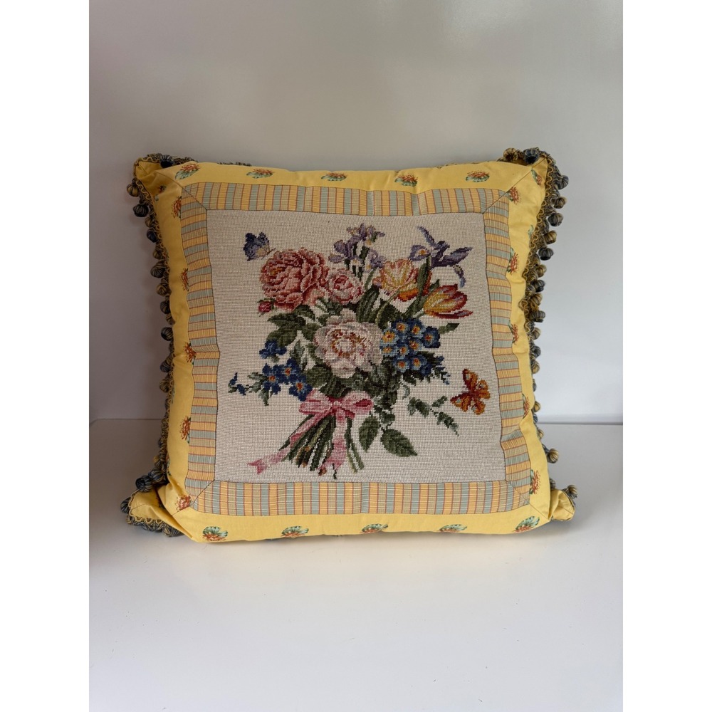 Vintage Needlepoint Floral Throw Pillow Yellow Blue Gingham Ball Fringe 20x20